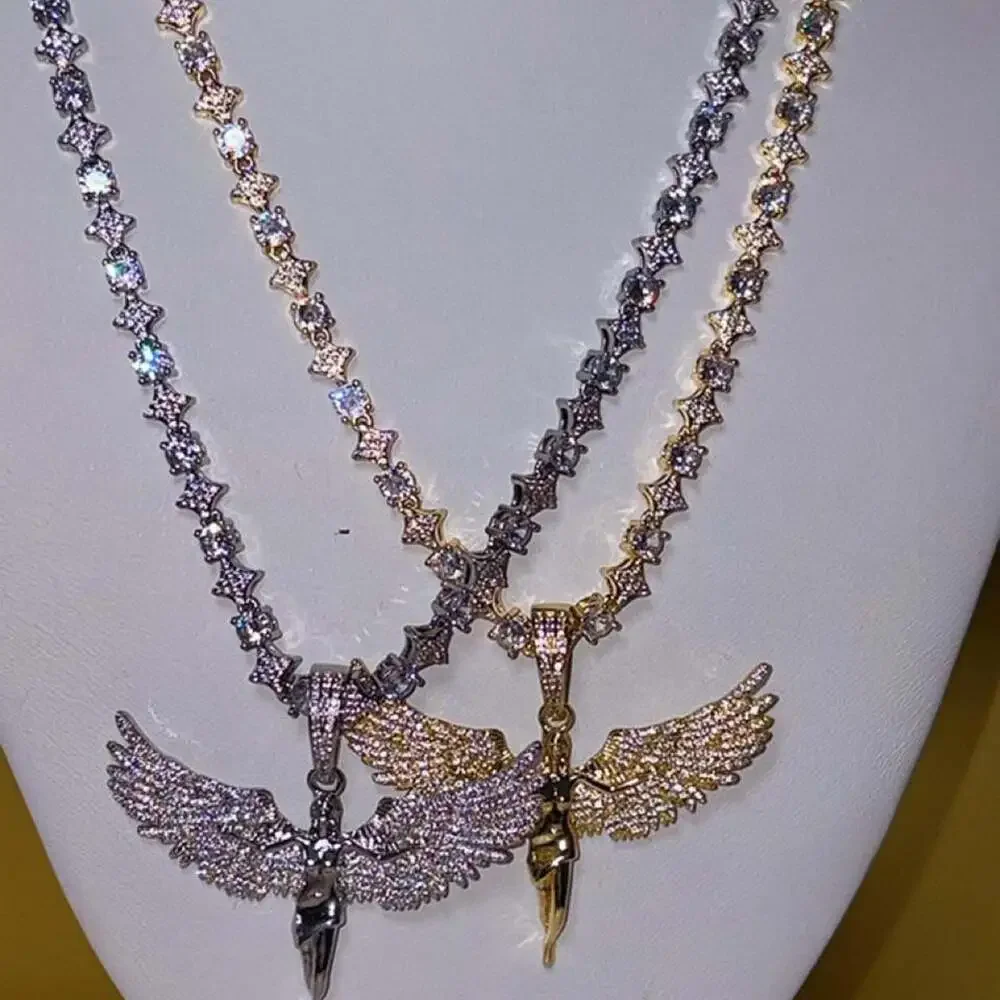 Gold Tennis Star & Angel Pendant Necklace – 20 Inch